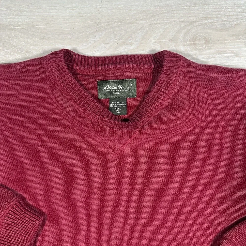 Vintage Eddie Bauer Sweater Mens XL Burgundy Red Cotton Knit Crewneck Pullover - Picture 5 of 7